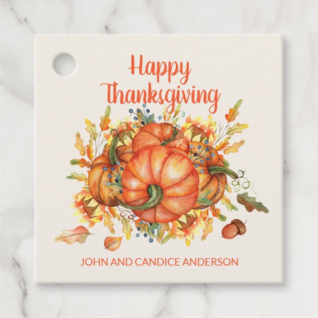 Happy Thanksgiving Orange Pumpkin Herbstlaub Name Geschenkanhänger (Vorderseite)