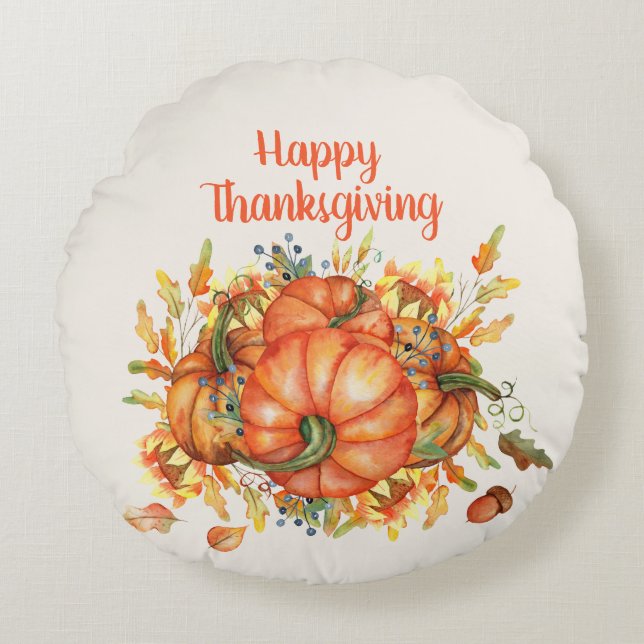 Happy Thanksgiving Orange Pumpkins Herbstlaub Rundes Kissen (Vorderseite)