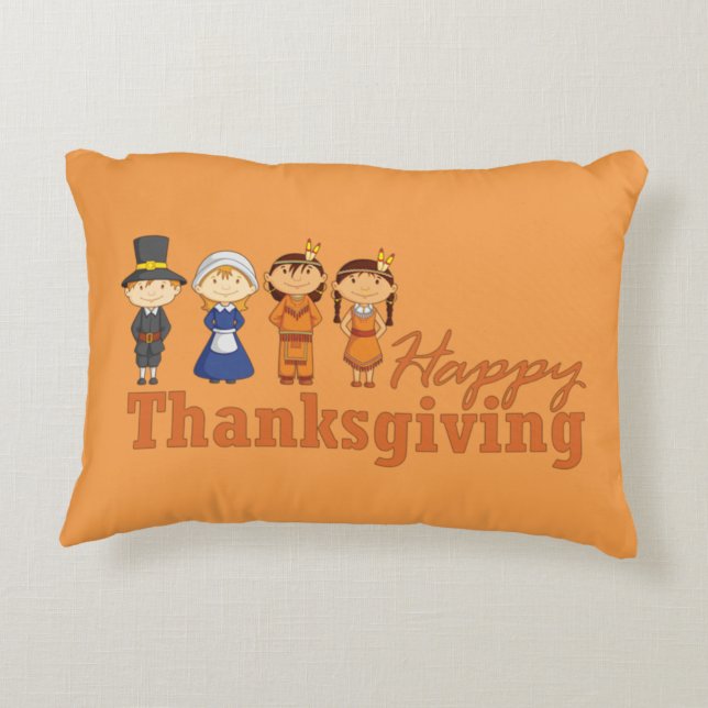 Happy Thanksgiving Pilgrim und Indianerin Zierkissen (Rückseite)