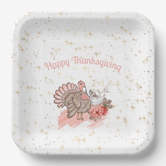 Happy Thanksgiving Pink Türkei und Pumpkins Pappteller (Vorderseite)