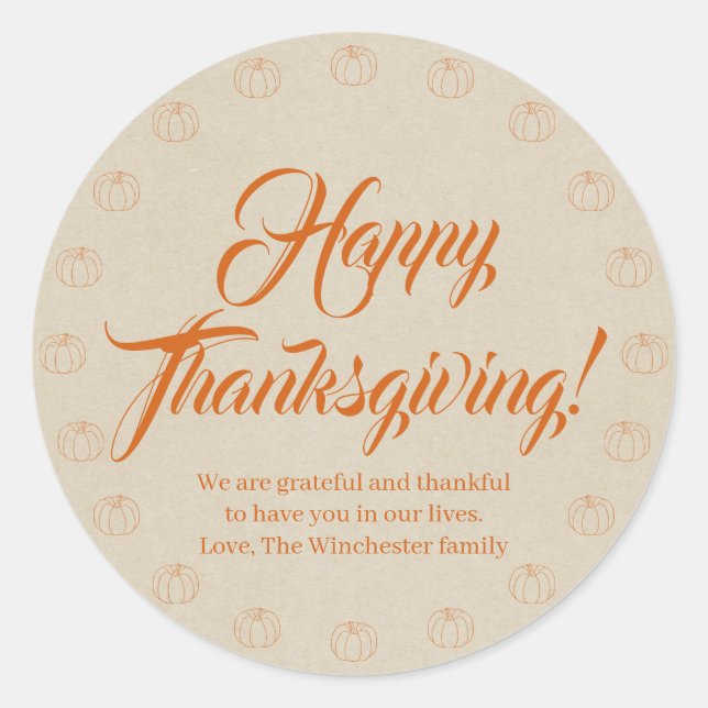 Happy Thanksgiving pumpkin kraft custom script Runder Aufkleber (Vorderseite)