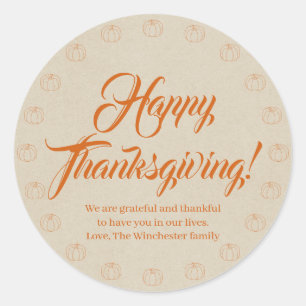 Happy Thanksgiving pumpkin kraft custom script Runder Aufkleber