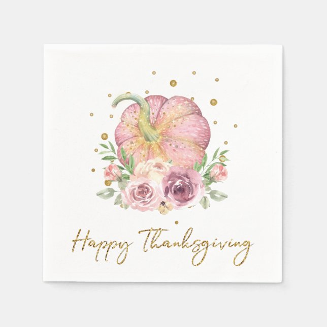 Happy Thanksgiving Pumpkin Pink Gold Napkins Serviette (Vorderseite)