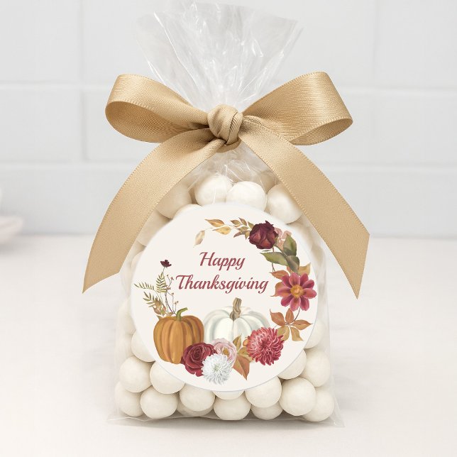 Happy Thanksgiving Pumpkins Floral Burgundy Orange Runder Aufkleber ("Happy Thanksgiving" sticker )