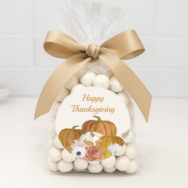 Happy Thanksgiving Pumpkins Floral Burgundy Orange Runder Aufkleber ("Happy Thanksgiving" sticker)