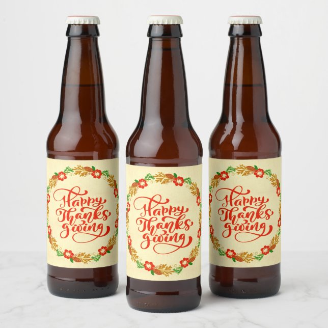 Happy Thanksgiving Red Gold Wreath Bierflaschenetikett (Flaschen)