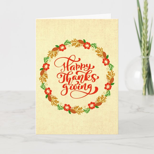 Happy Thanksgiving Red Gold Wreath Gruß Karte (Vorderseite)