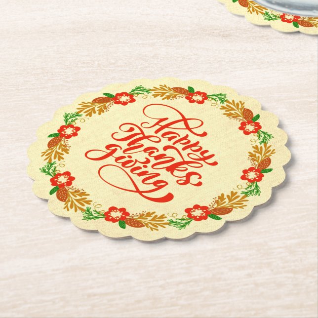 Happy Thanksgiving Red Gold Wreath Untersetzer (angewinkelt)