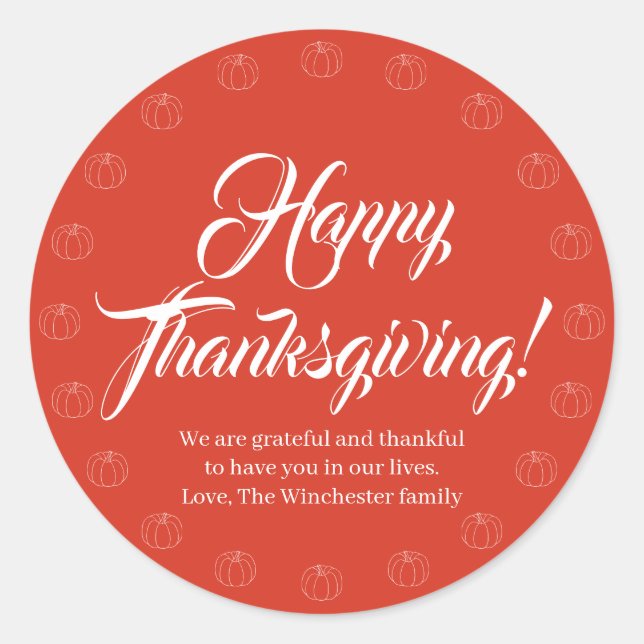 Happy Thanksgiving red skripttext niedliche Kürbis Runder Aufkleber (Vorderseite)