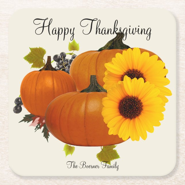 Happy Thanksgiving Square Drink Coasters Ecru Rechteckiger Pappuntersetzer (Vorderseite)