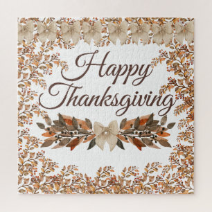 „Happy Thanksgiving“ Taupe-Blätter Herbst-Puzzle