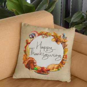 Happy Thanksgiving Tiere Türkei Wreath Herbst Kissen