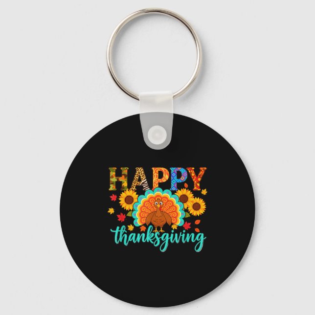 Happy Thanksgiving Turkey &amp; Sunflower, Thanksg Schlüsselanhänger (Vorderseite)