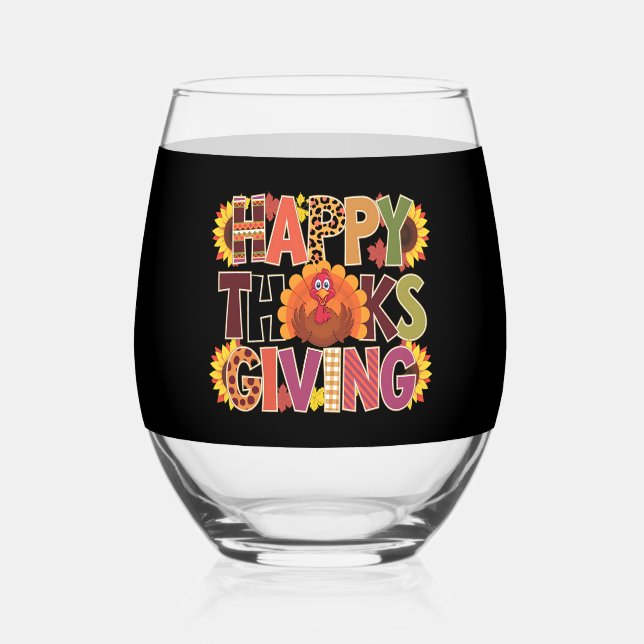 Happy Thanksgiving Turkey Funny Pumpkin Jahreszeit Weinglas Ohne Stiel (Vorderseite)