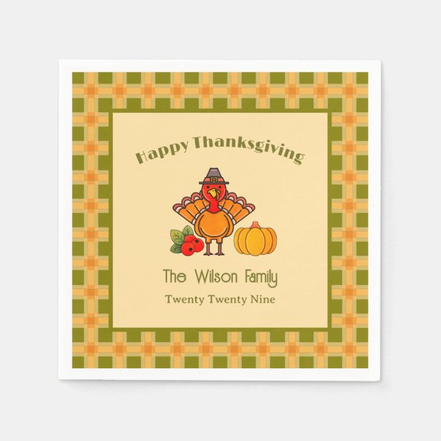 Happy Thanksgiving Turkey Pumpkin Gingham Pattern Serviette (Vorderseite)