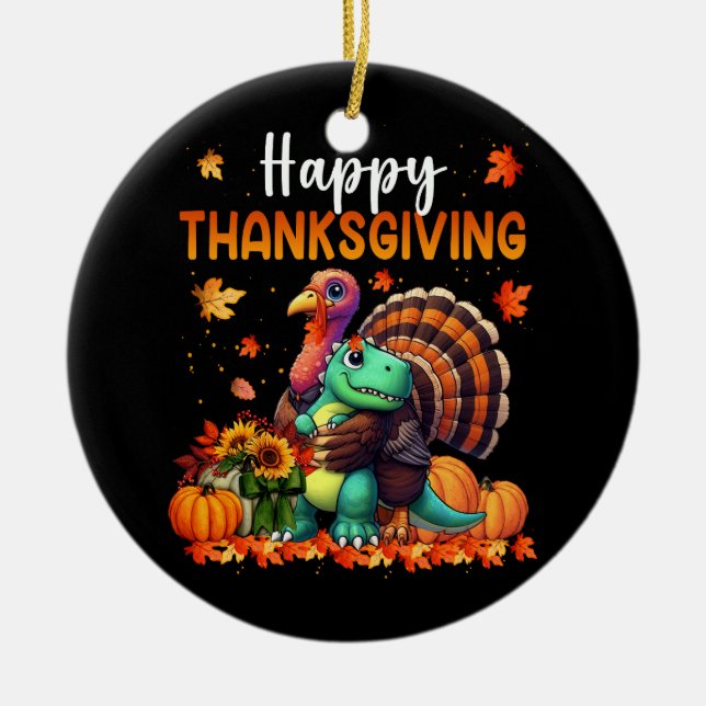 Happy Thanksgiving Turkey umarmt Dinosaurier-Freun Keramik Ornament (Vorne)