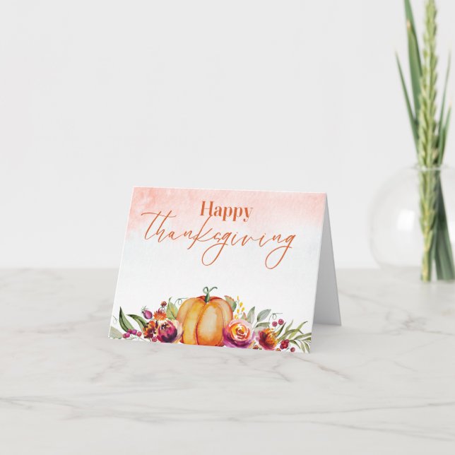Happy Thanksgiving Wassercolor Pumpkin und Blume Karte (Vorderseite)