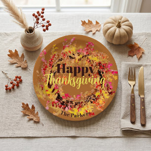Happy Thanksgiving Watercolor Herbstlaubs Wreath Pappteller