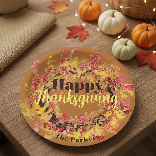 Happy Thanksgiving Watercolor Herbstlaubs Wreath Pappteller (Von Creator hochgeladen)