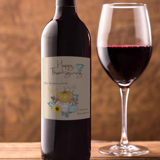 Happy Thanksgiving Watercolor Hübsch Pumpkin Weinetikett (Von Creator hochgeladen)