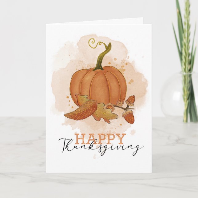 Happy Thanksgiving Watercolor Pumpkin Blätter Karte (Vorderseite)