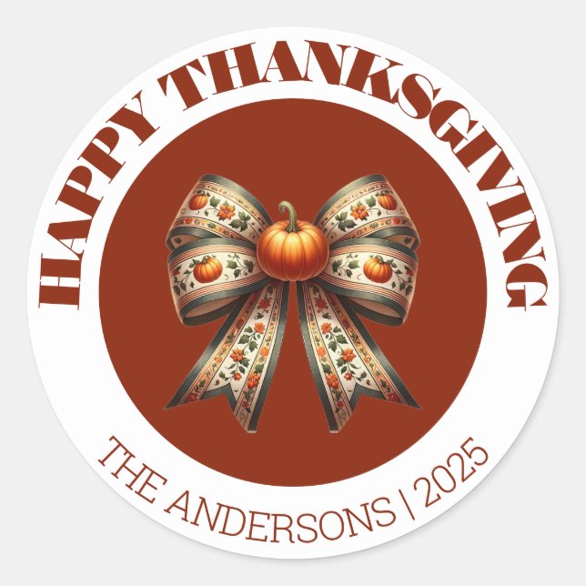 Happy Thanksgiving white& brown cute elegant  Runder Aufkleber (Vorderseite)