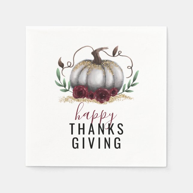Happy Thanksgiving White Gold Pumpkin Serviette (Vorderseite)