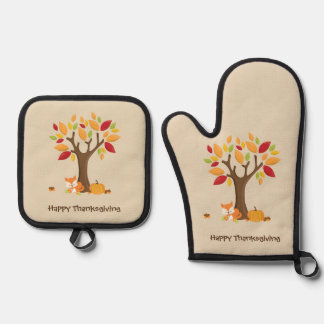 Happy Thanksgiving with Tree, Fox & Pumpkin Ofenhandschuh & Topflappen-Set