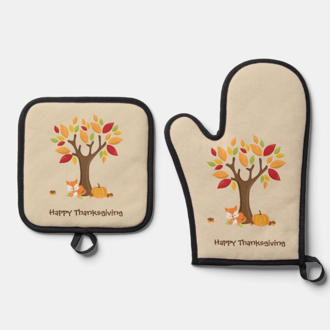 Happy Thanksgiving with Tree, Fox & Pumpkin Ofenhandschuh & Topflappen-Set (Vorderseite)