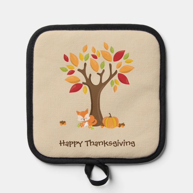 Happy Thanksgiving with Tree, Fox & Pumpkin  Topflappen (Vorderseite)