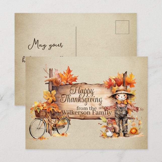 Happy Thanksgiving Wood Sign & Herbst Szene Postkarte (Vorne/Hinten)