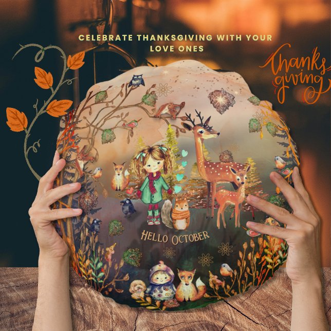 Happy Thanksgiving Woodland Animals Rundes Kissen (Happy Thanksgiving Woodland Animals Round Pillow)