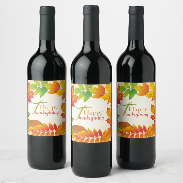 Happy Thanksgiving Zitat Orange Herbstlaub Wreath Weinetikett (Flaschen)