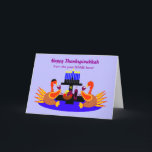 Happy Thanksgivukkah Funny Turkey Grußkarte Feiertagskarte<br><div class="desc">Eine humorvolle originale c.a.teresa Illustration Grußkarte oder Einladung mit ein paar Wein toasting Truthühner, eine mit Yamaka, an einem Abendtisch mit einer Menorah und Stern von David. Die perfekte Mischung aus Erntedank und Hanukka, die dieses Jahr zusammenfallen wird. Diese farbenfrohen Festkarten können auch im Inneren mit Ihrem eigenen Foto oder...</div>