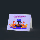 Happy Thanksgivukkah Funny Turkey Grußkarte Feiertagskarte<br><div class="desc">Eine humorvolle originale c.a.teresa Illustration Grußkarte oder Einladung mit ein paar Wein toasting Truthühner, eine mit Yamaka, an einem Abendtisch mit einer Menorah und Stern von David. Die perfekte Mischung aus Erntedank und Hanukka, die dieses Jahr zusammenfallen wird. Diese farbenfrohen Festkarten können auch im Inneren mit Ihrem eigenen Foto oder...</div>