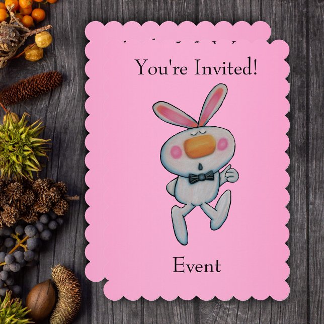 Happy Thumbs Up Bunny Bow Krawatte Bright Pink Einladung (Cute cartoon white bunny rabbit giving thumbs up wearing black bow tie on pink party invitatiions.)
