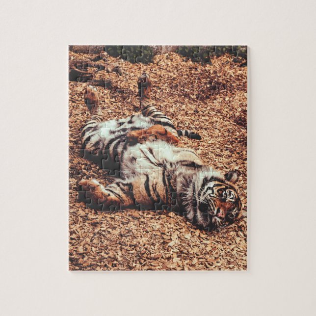 Happy Tiger Bly Up Rolling in Blätter (Vertikal)