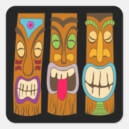Happy Tiki Statues, Funny Black Quadratischer Aufkleber