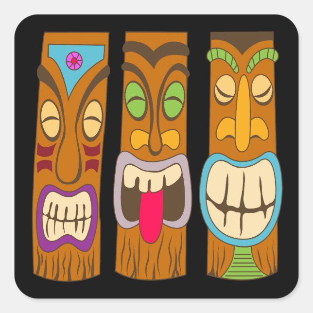 Happy Tiki Statues, Funny Black Quadratischer Aufkleber (Vorderseite)