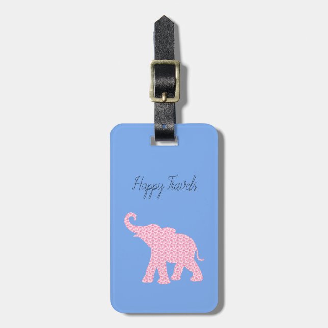 Happy Travels Pink Elephant Art Einzigartige Gepäc Gepäckanhänger (Vorderseite vertikal)