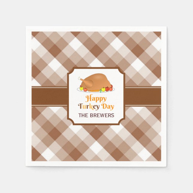 Happy Turkey Day Brown Checkered Paper Napkin Serviette (Vorderseite)