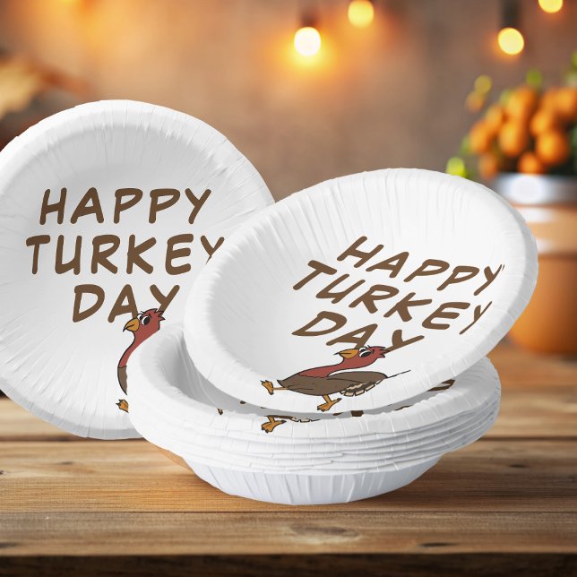 Happy Turkey Day Funny Erntedank Paper Bowls Pappteller (Happy Turkey Day! Fun cartoon turkey paper bowls ready to celebrate Thanksgiving with you)