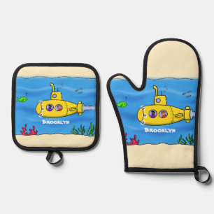 Happy U-Boot-Cartoon Ofenhandschuh & Topflappen-Set