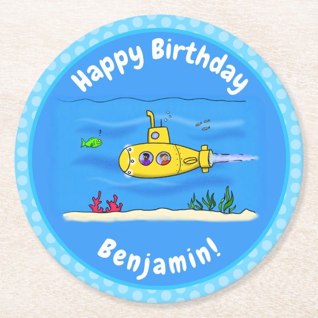 Happy U-Boot-Cartoon Runder Pappuntersetzer (Vorderseite)