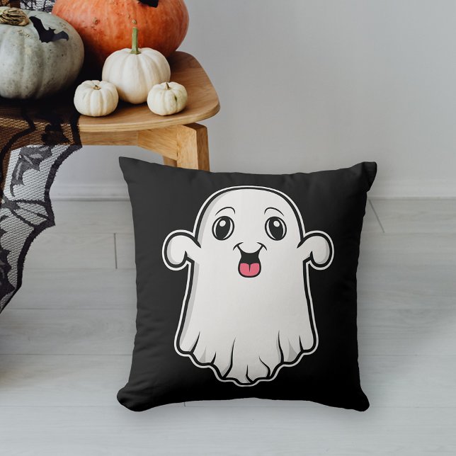 Happy und Niedlich Cartoon Ghost Halloween Schwarz Kissen (This design adds some spooky detail to a space for the Halloween season.)