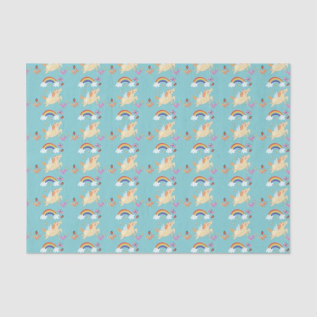 Happy Unicorn mit Regenbogenwolken und Blume Seidenpapier (Vorderseite)