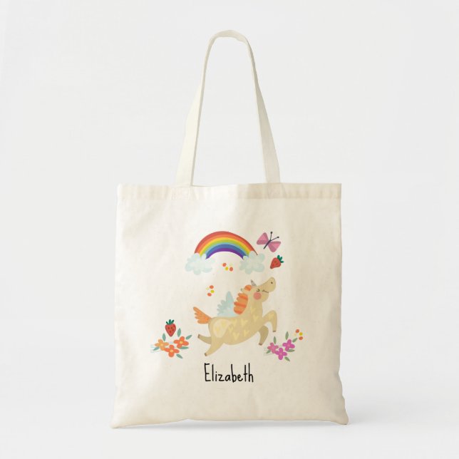 Happy Unicorn mit Regenbogenwolken und Blume Tragetasche (Vorne)