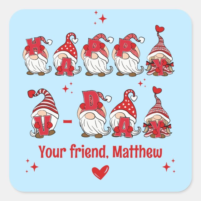 Happy V-Day Gnome Lettering Blue Classroom Quadratischer Aufkleber (Vorderseite)