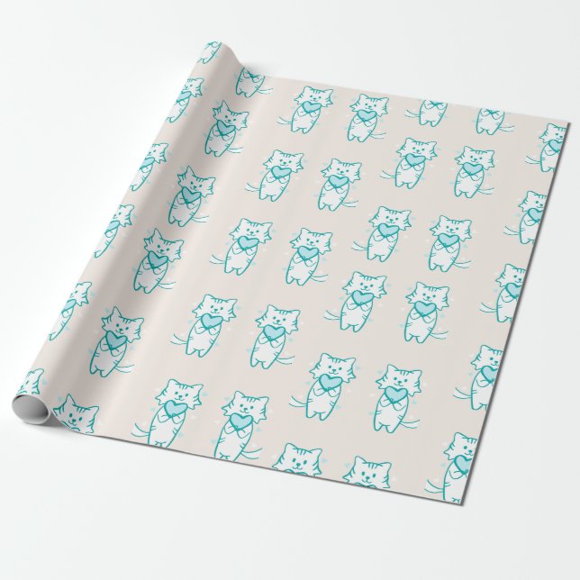 Happy Valentine Aquamarin Kitty Geschenkpapier (Ungerollt)