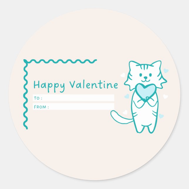 Happy Valentine Aquamarin Kitty Runder Aufkleber (Vorderseite)